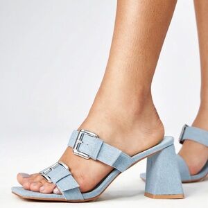 Y2K Denim Buckle Block Heel Sandals size 7